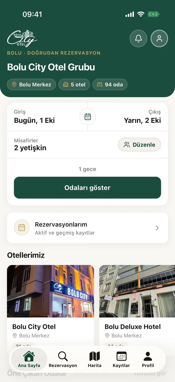 Bolu City Otel uygulaması, iOS: ana ekran