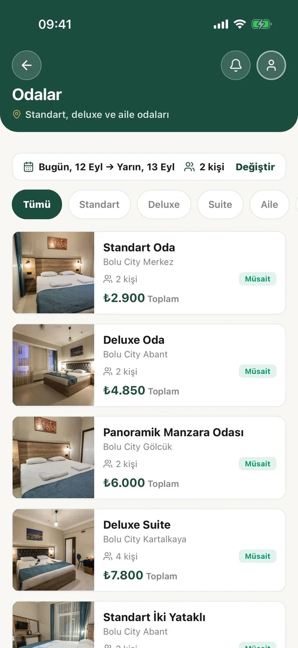 Bolu City Otel uygulaması, Android: odalar